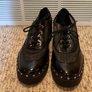 Jessica Simpson Black Moccasins with Gold Accents